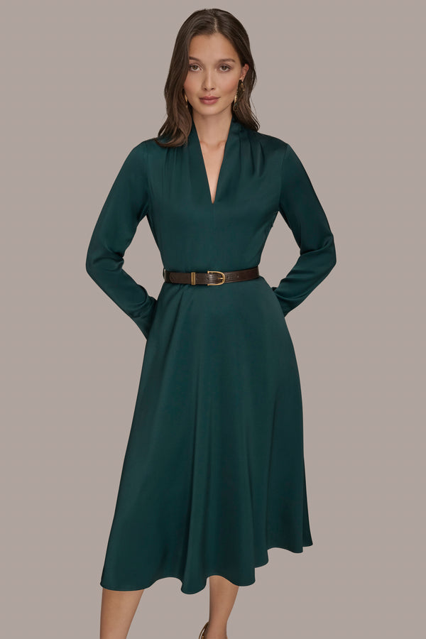 Donna Karan BELTED V-NECK MIDI DRESS HUDSON