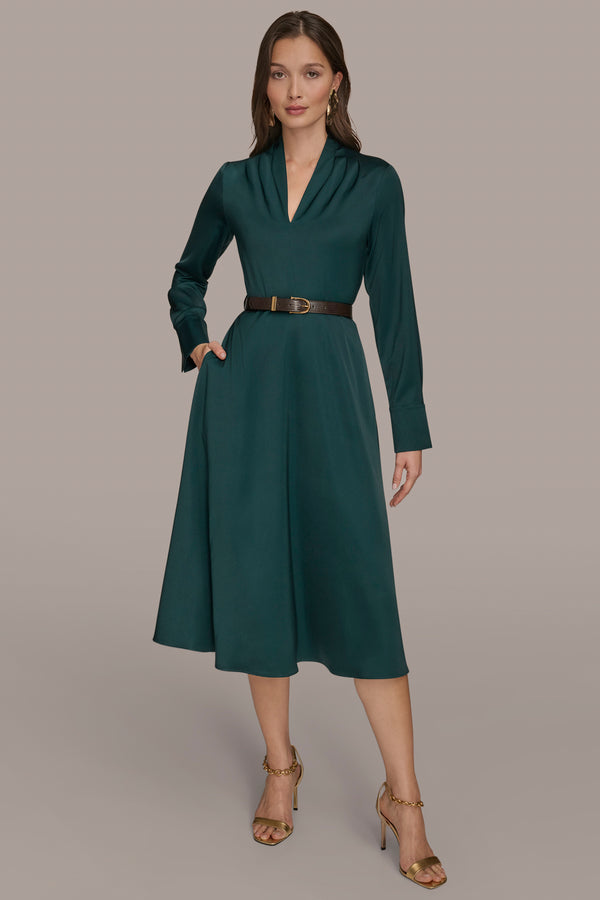 donna karan BELTED V-NECK MIDI DRESS HUDSON