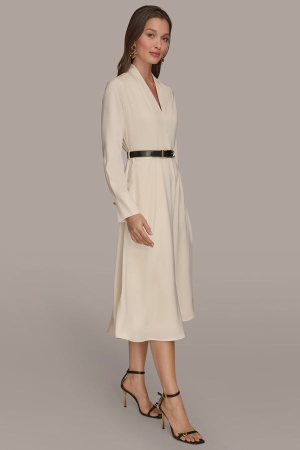 Donna Karan BELTED V-NECK MIDI DRESS PRISTINE