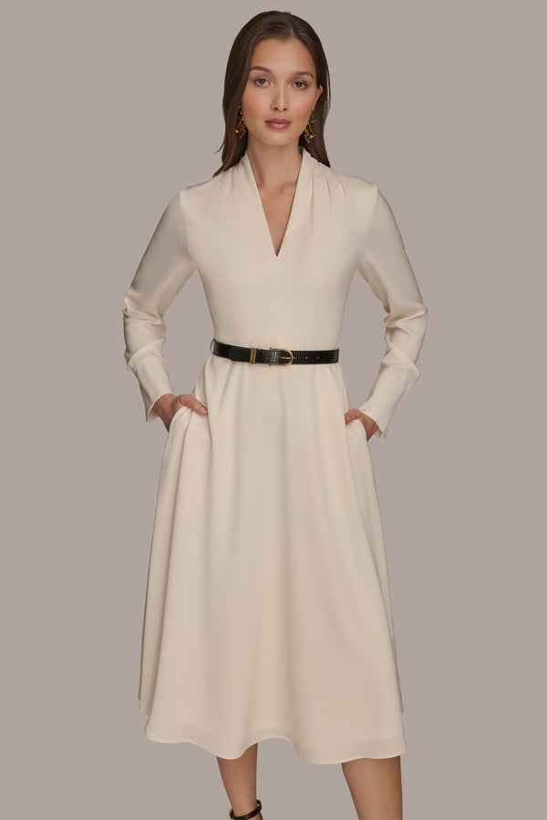 Donna Karan BELTED V-NECK MIDI DRESS PRISTINE
