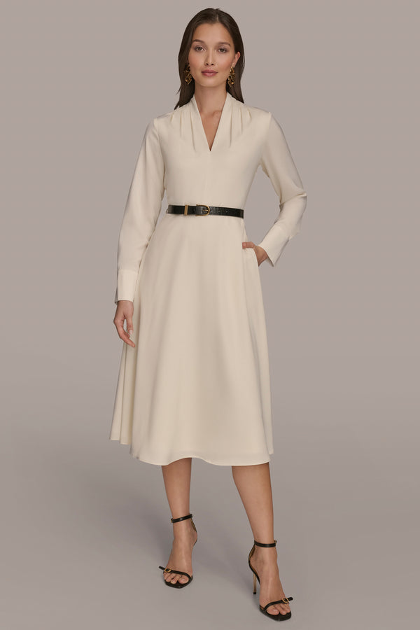 donna karan BELTED V-NECK MIDI DRESS PRISTINE