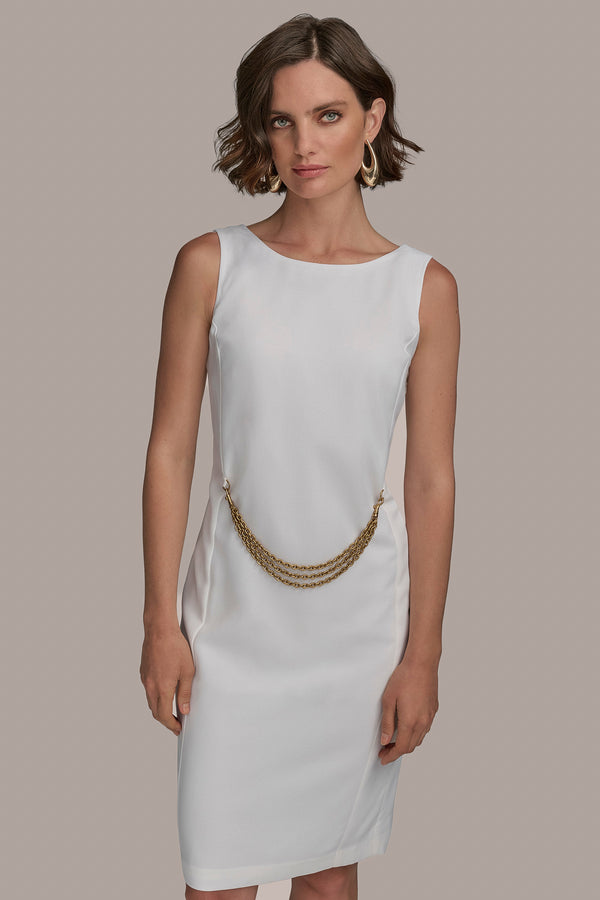 Donna Karan BOAT NECK SHEATH WITH CHAIN BELT CREAM