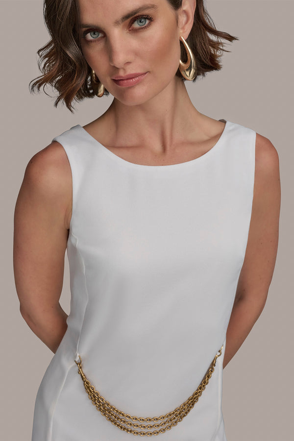 Donna Karan BOAT NECK SHEATH WITH CHAIN BELT CREAM