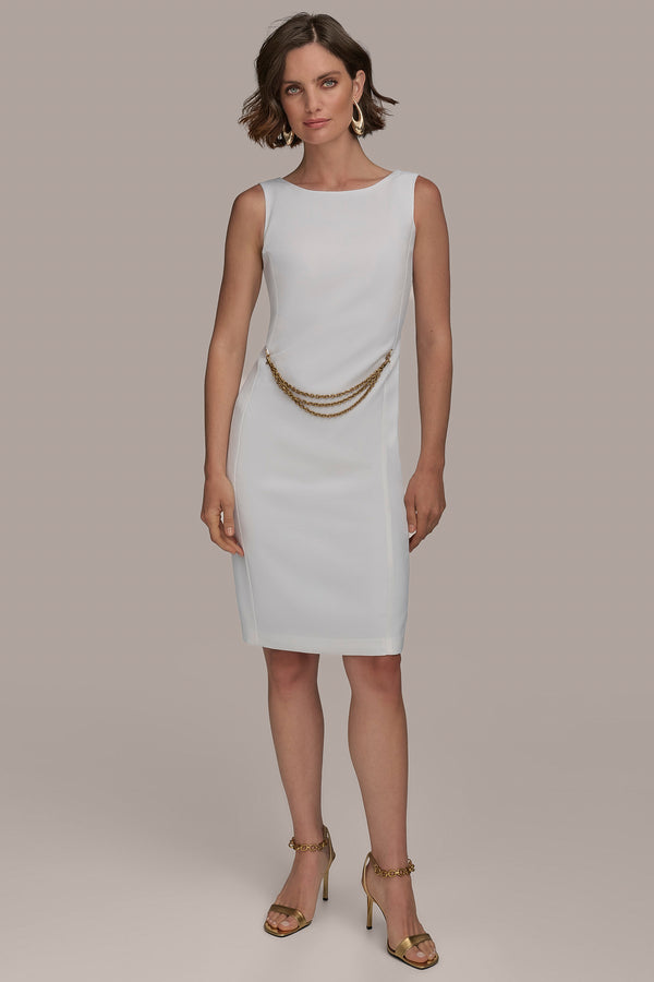 donna karan BOAT NECK SHEATH WITH CHAIN BELT CREAM