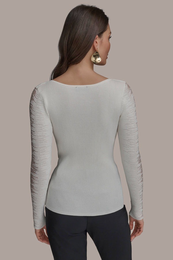 Donna Karan BOAT NECK WITH SHEER SLEEVE CREAM