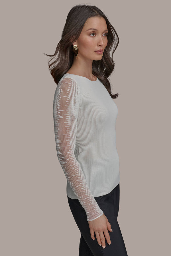 Donna Karan BOAT NECK WITH SHEER SLEEVE CREAM