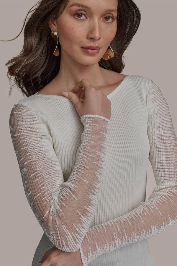 Donna Karan BOAT NECK WITH SHEER SLEEVE CREAM