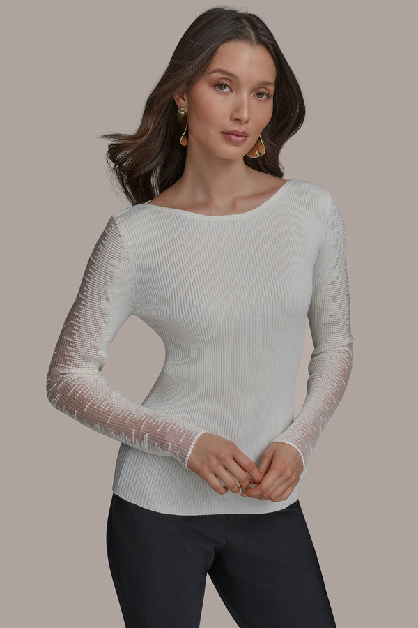 donna karan BOAT NECK WITH SHEER SLEEVE CREAM