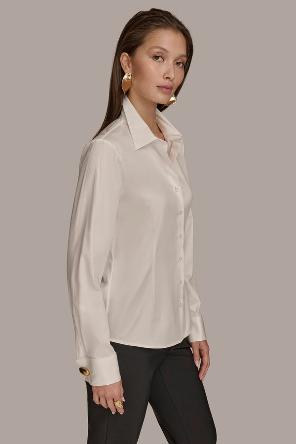 Donna Karan BUTTON UP WITH CUFF HARDWARE TOP CREAM