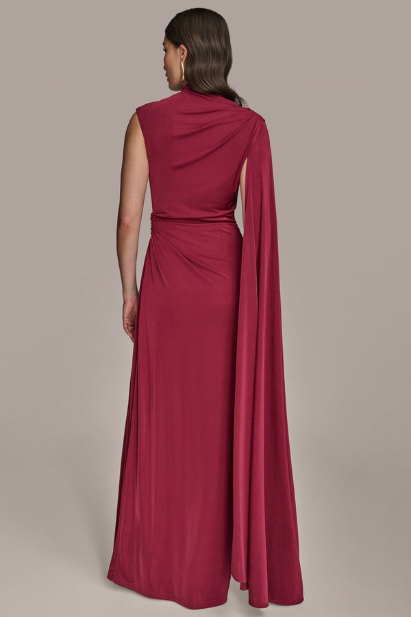 Donna Karan CAPE-SLEEVE GATHERED GOWN Sangria