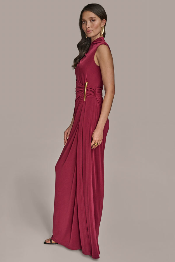 Donna Karan CAPE-SLEEVE GATHERED GOWN Sangria