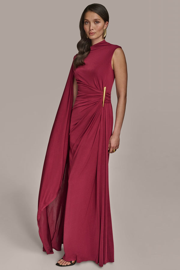 Donna Karan CAPE-SLEEVE GATHERED GOWN Sangria