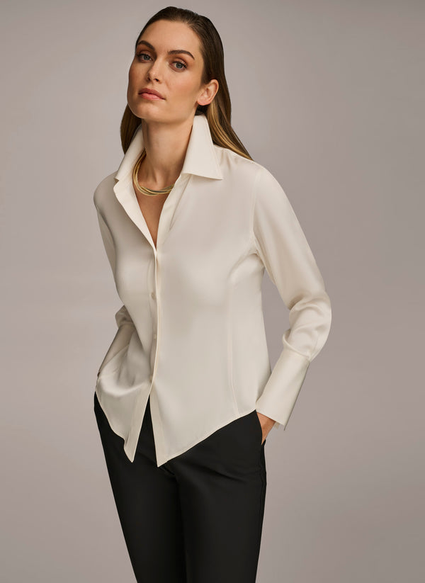 donna karan COLLARED BUTTON DOWN BLOUSE Cream