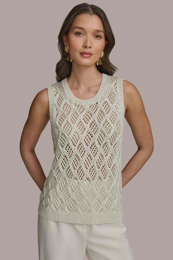 donna karan DIAMOND PATTERN CREW NECK TOP cream