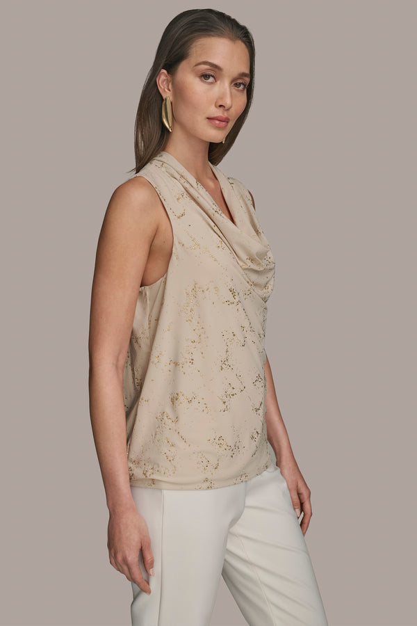 Donna Karan EMBELLISHED COWL NECK TOP Sand
