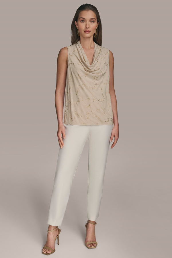 Donna Karan EMBELLISHED COWL NECK TOP Sand