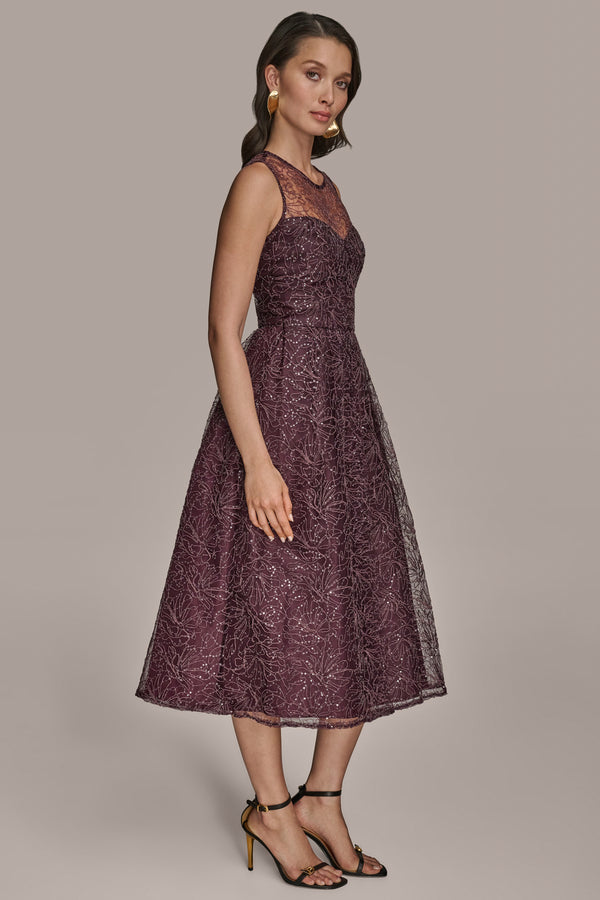 Donna Karan EMBELLISHED ILLUSION MIDI GOWN Prune