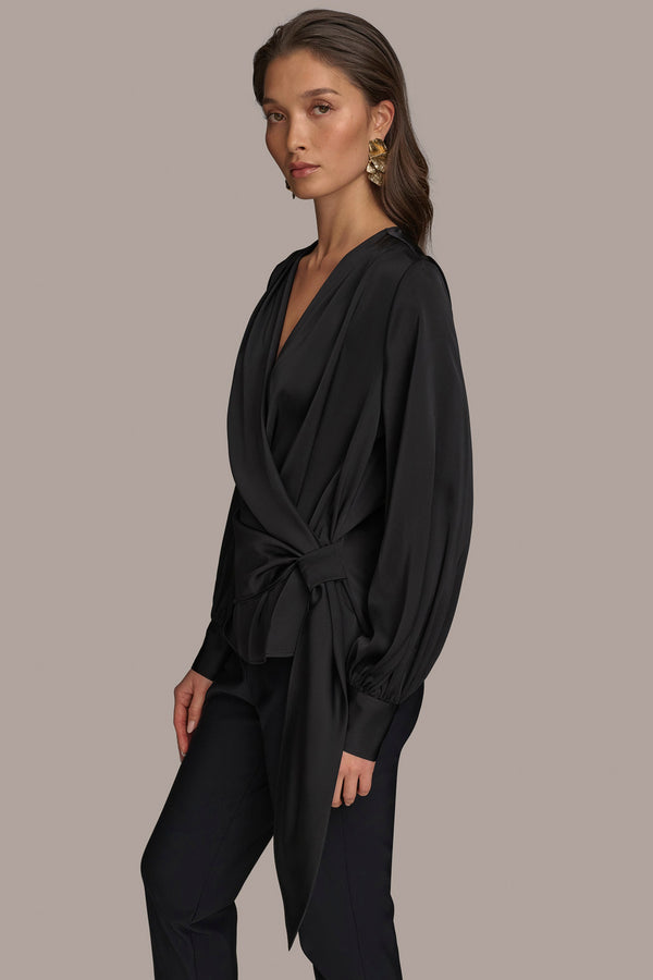Donna Karan FAUX WRAP TOP WITH SIDE TIE Black