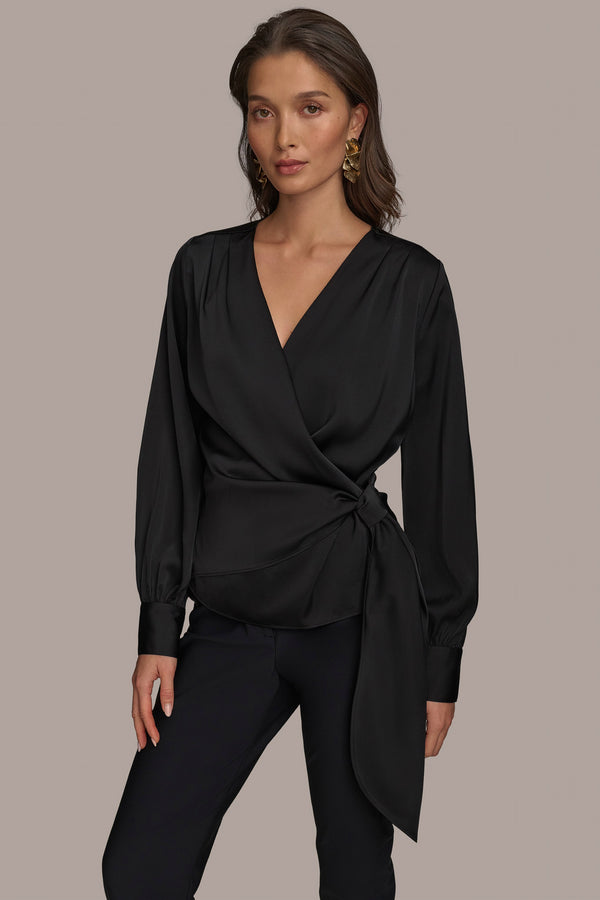 donna karan FAUX WRAP TOP WITH SIDE TIE Black