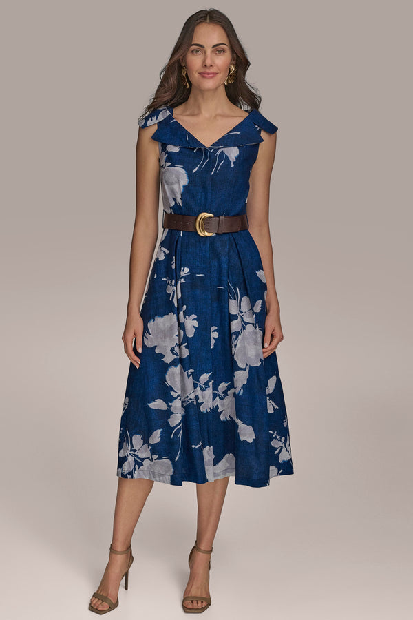 donna karan FLORAL A-LINE WITH BELT MARBELLA MULTI
