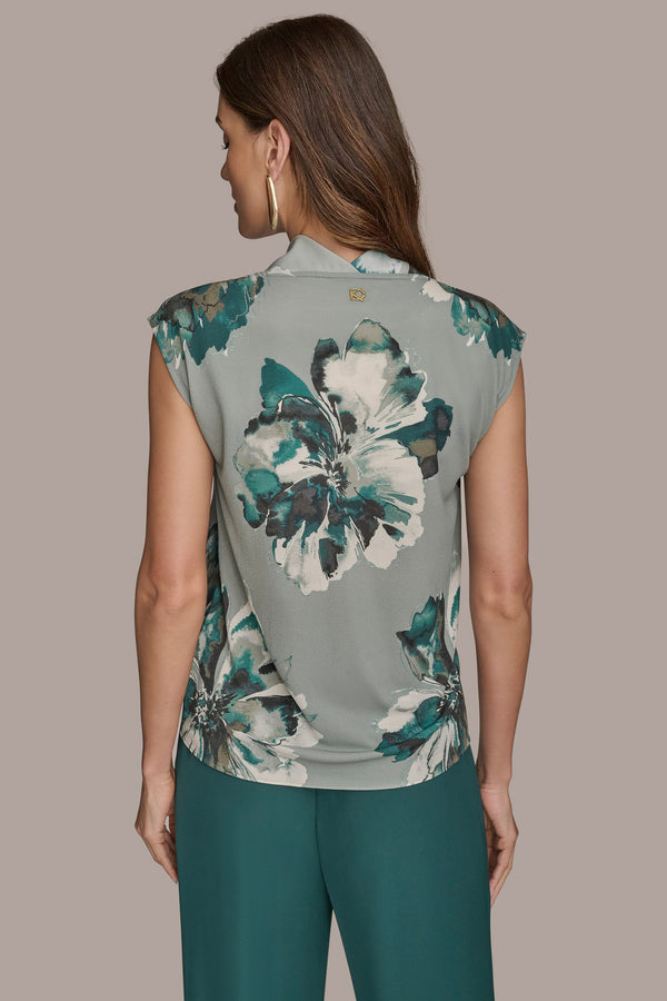 Donna Karan FLORAL DRAPED TOP WEATHERD SAGE MULTI