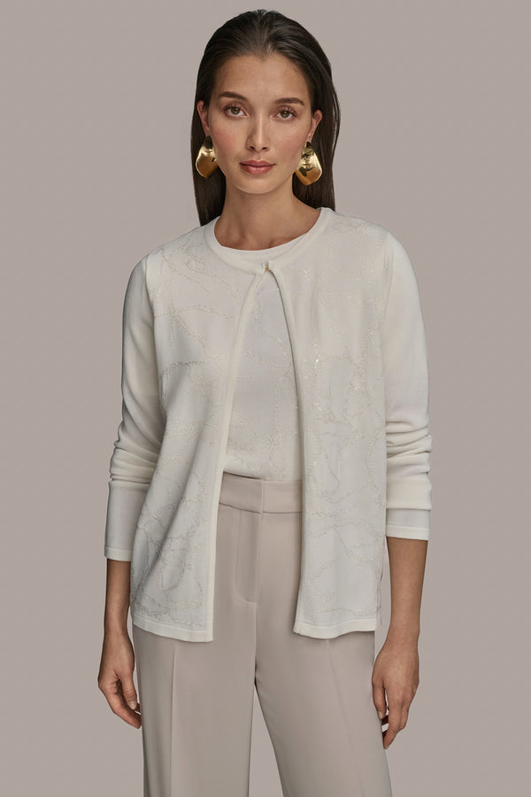 donna karan FLORAL JACQUARD CARDIGAN Cream