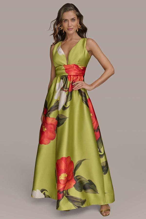Donna Karan FLORAL MIKADO GOWN SUMMER CITRON MULTI