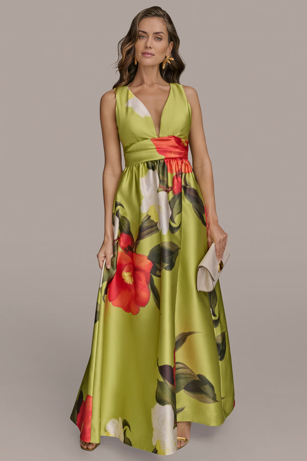 donna karan FLORAL MIKADO GOWN SUMMER CITRON MULTI