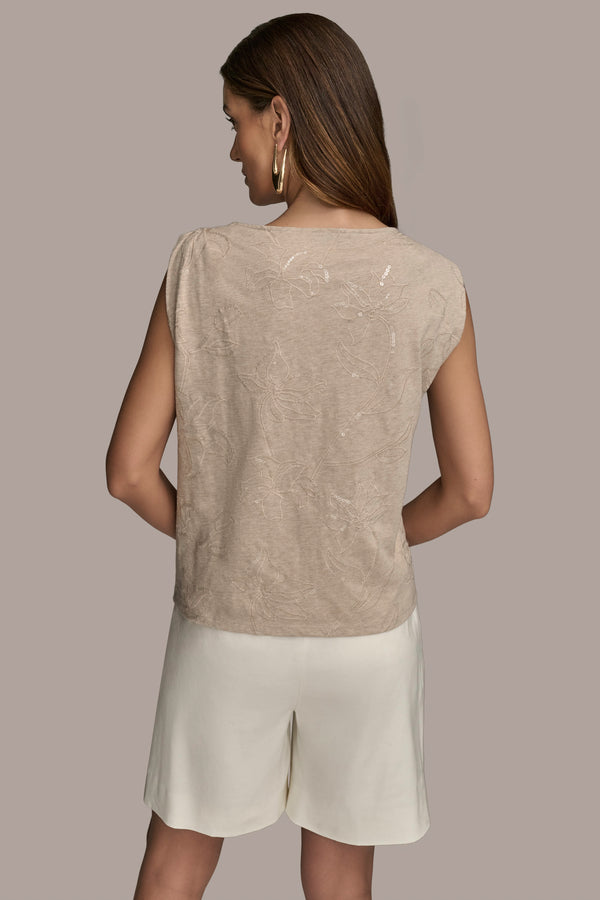 Donna Karan FLORAL SEQUIN-EMBELLISHED TOP Sand