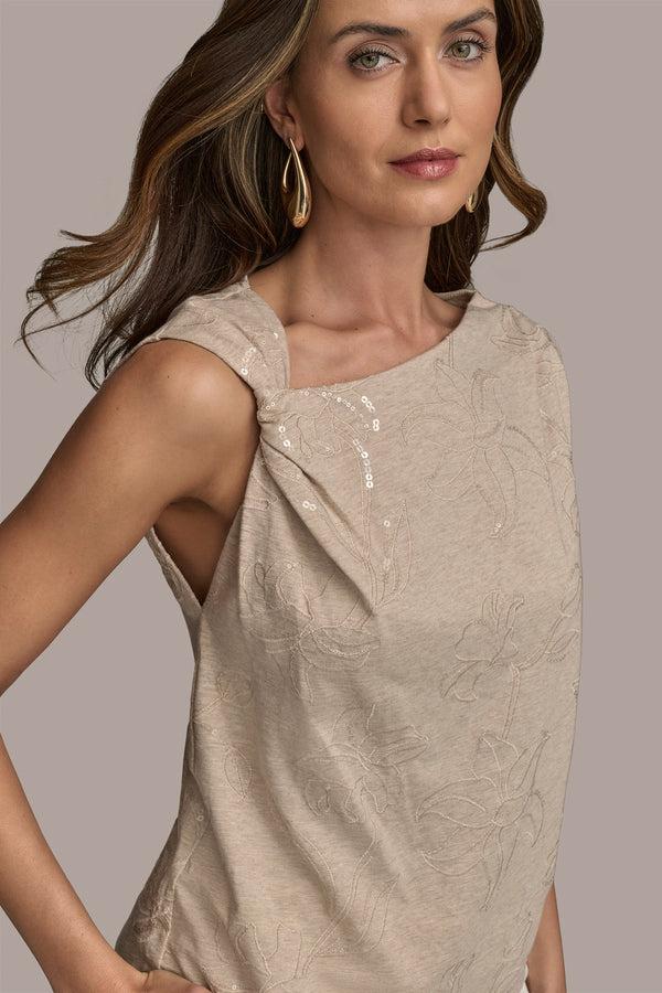 Donna Karan FLORAL SEQUIN-EMBELLISHED TOP Sand
