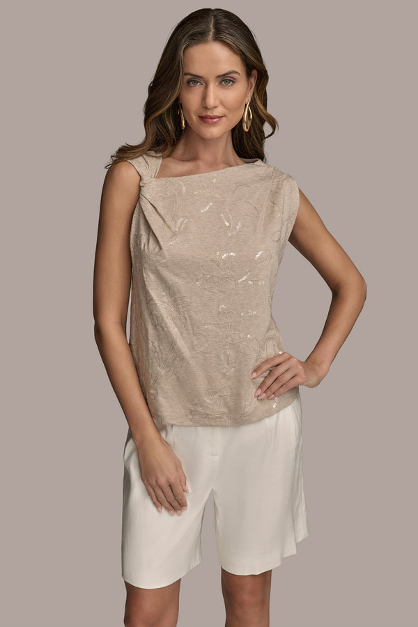 donna karan FLORAL SEQUIN-EMBELLISHED TOP Sand