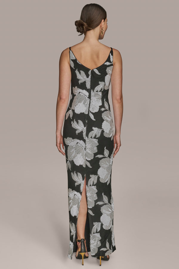 Donna Karan FLORAL SEQUIN MESH GOWN Black