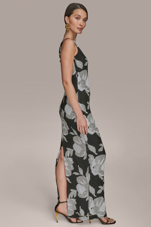 Donna Karan FLORAL SEQUIN MESH GOWN Black