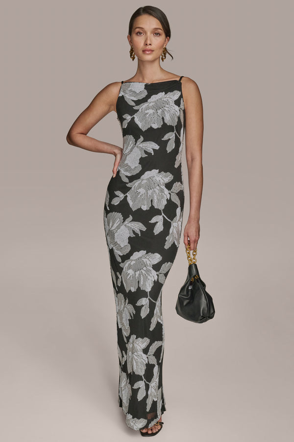 Donna Karan FLORAL SEQUIN MESH GOWN Black