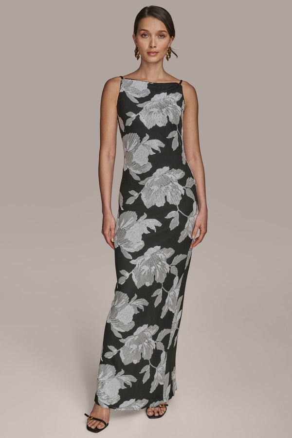 donna karan FLORAL SEQUIN MESH GOWN Black