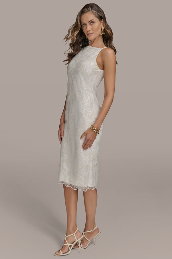 Donna Karan FLORAL SEQUIN SHEATH DRESS Cream