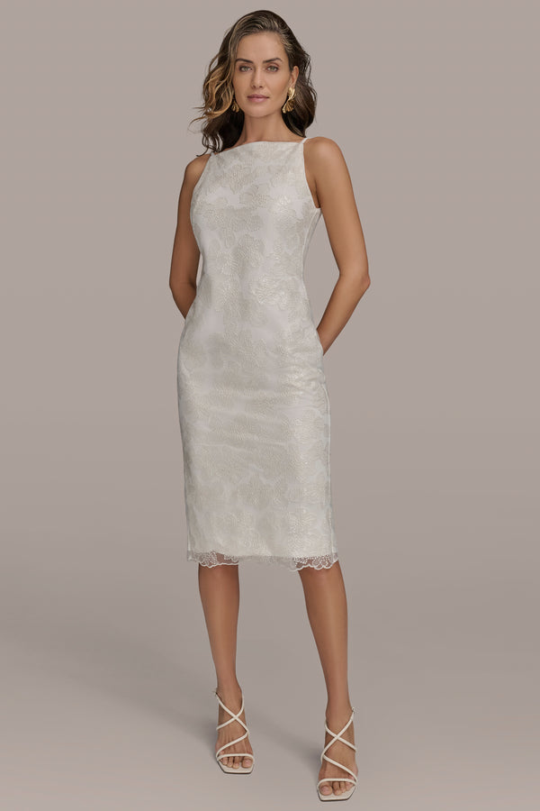 Donna Karan FLORAL SEQUIN SHEATH DRESS Cream