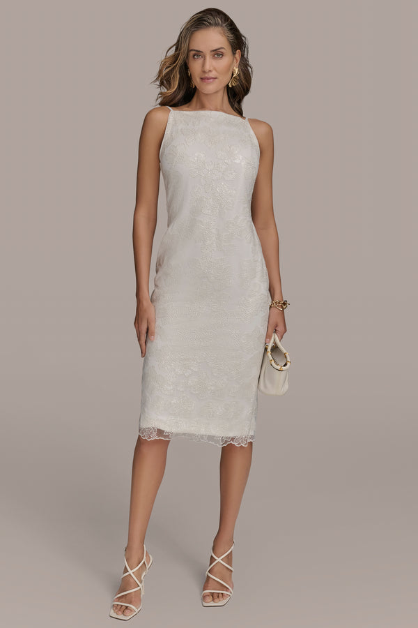 donna karan FLORAL SEQUIN SHEATH DRESS Cream