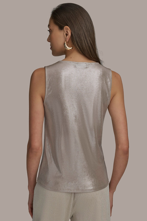 Donna Karan FOIL COWL NECK TOP LATTE/SILVER