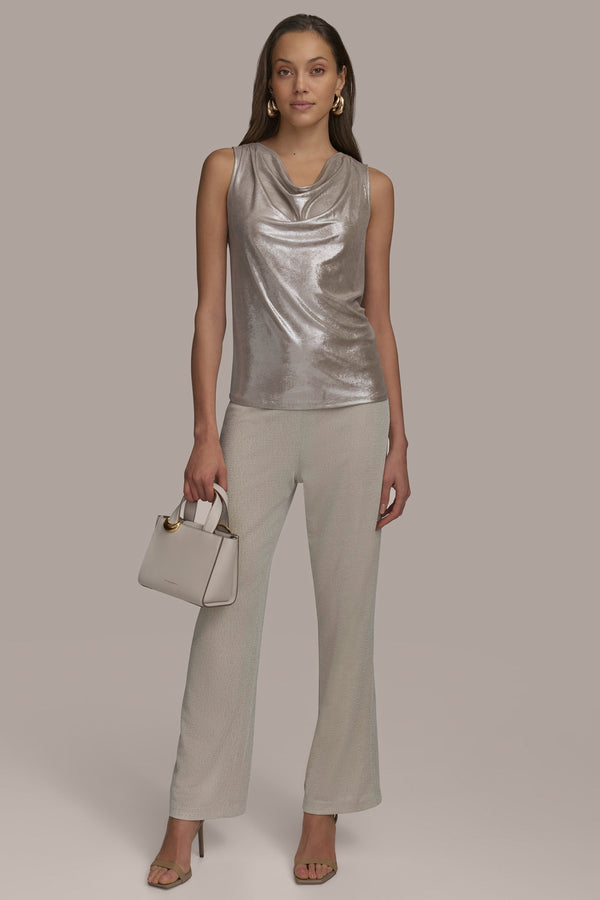Donna Karan FOIL COWL NECK TOP LATTE/SILVER
