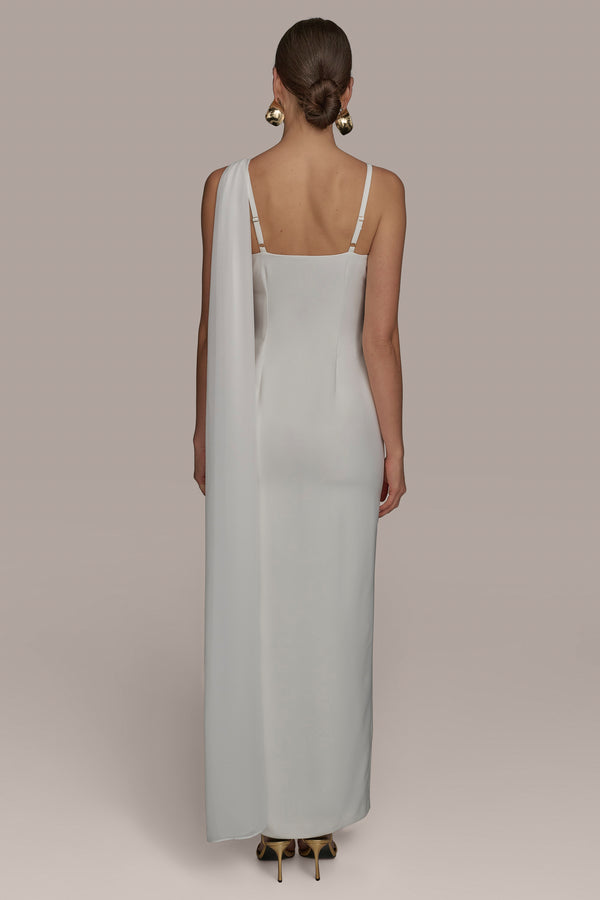 Donna Karan GOWN WITH ONE SHOULDER SCARF CREAM