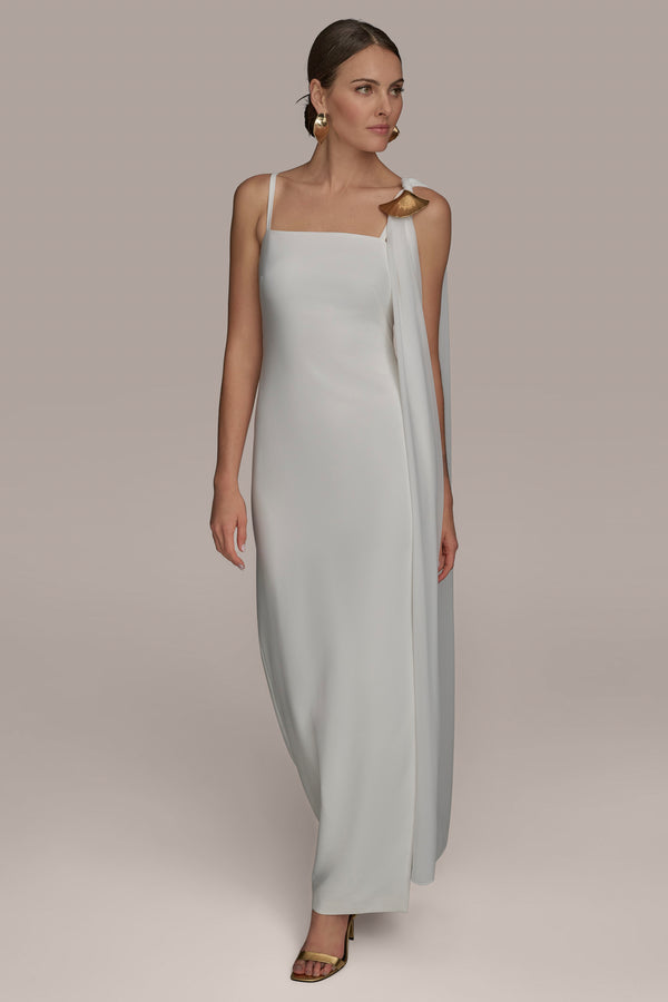 donna karan GOWN WITH ONE SHOULDER SCARF CREAM