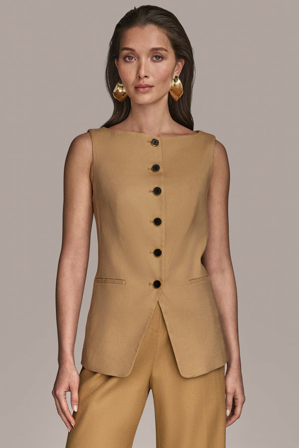 donna karan LINEN-BLEND BOAT-NECK VEST Fawn