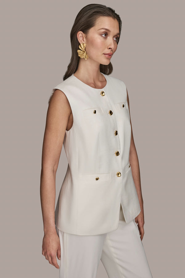 Donna Karan LINEN BLEND BUTTON FRONT VEST CREAM