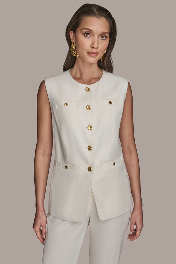 donna karan LINEN BLEND BUTTON FRONT VEST CREAM