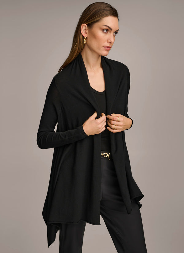 donna karan LONG SLEEVE DRAPE CARDIGAN Black