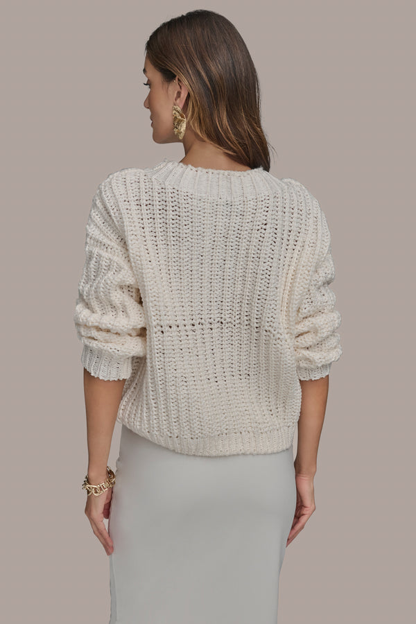 Donna Karan LONG SLEEVE OPEN STITCH DOLMAN CREAM