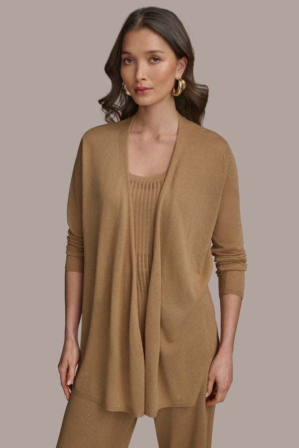 donna karan LONG SLEEVE RIB OPEN CARDIGAN Hazelnut