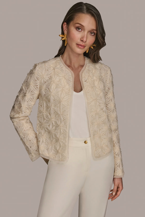 donna karan NOVELTY FLORAL OPEN FRONT JACKET CREAM