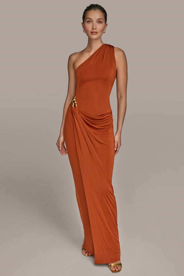 Donna Karan ONE SHOULDER EMBELLISHED GOWN Cinnamon